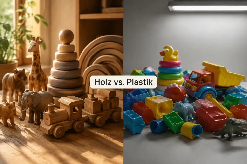 Links Holztiere und Spielzeugeisenbahnen, rechts bunte Plastikspielzeuge; der Text lautet „Holz vs. Plastik“.