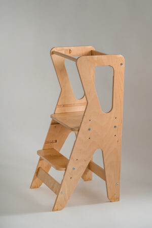 Lightweight wooden step stool with two steps and side cutouts, designed for children or kitchen use, against a plain background.