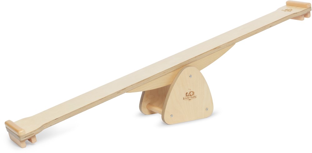 Kinderfeets Seesaw - Rocker: A wooden balance board with a triangular base and a long, flat top for standing.