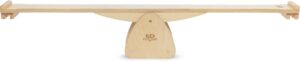 Balance beam: A wooden balance beam consisting of a long plank on a triangular base that is used for standing and balancing exercises.