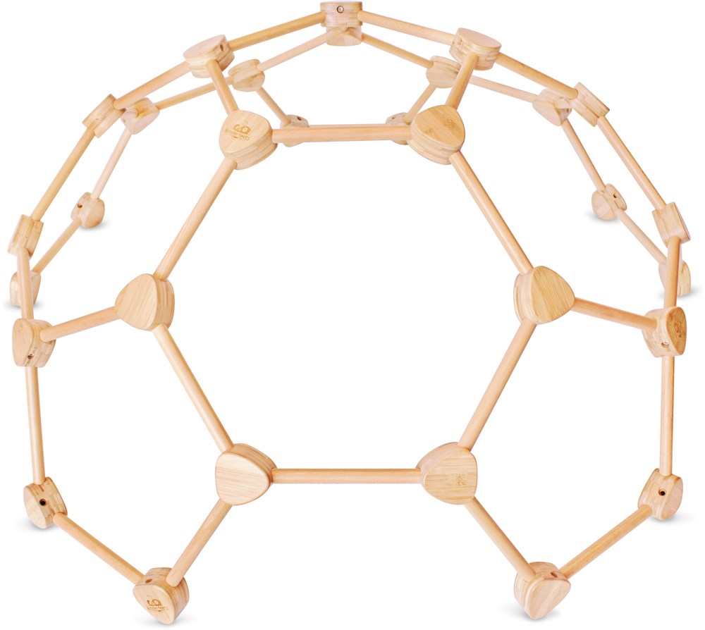 Geometric dome structure made of wooden rods and connectors, resembling a geodesic dome, against a white background.