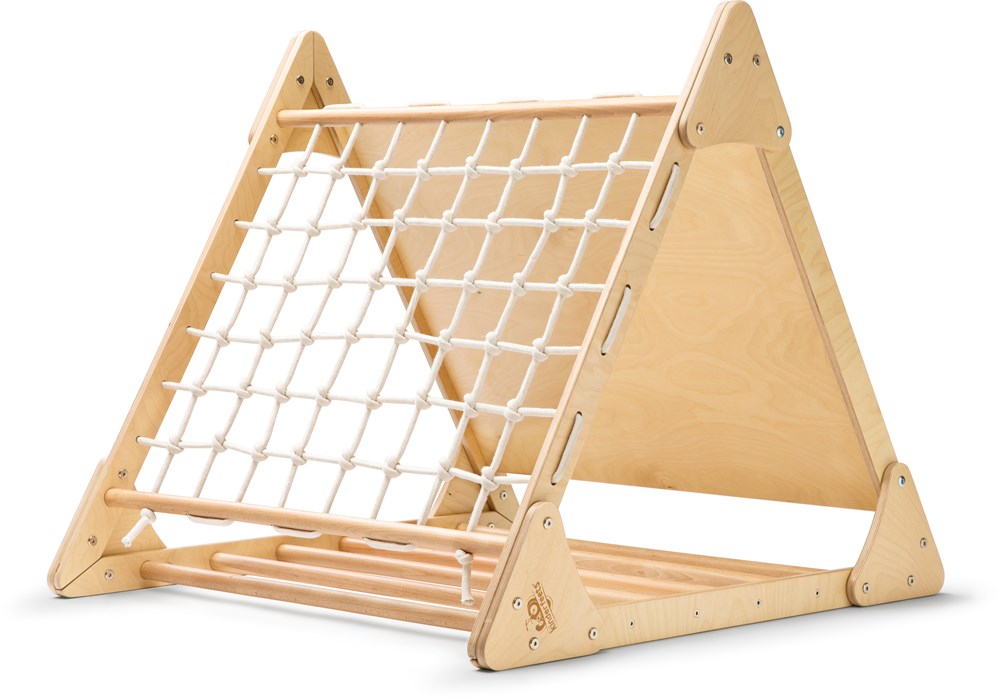 Wooden climbing triangle with a rope net on one side and ladder rungs on the other, in the shape of an A-frame.