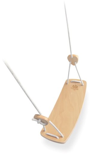 Children's swing: Wooden seat with white corner ropes, top view on a white background.