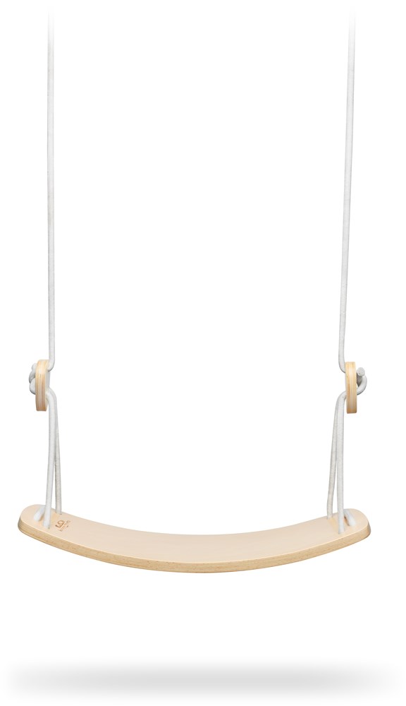 The "Kinderfeets Wooden Swing" features a wooden seat with white ropes and is pictured against a simple white background.