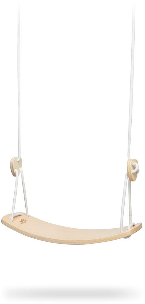 The "Kinderfeets Wooden Swing" is a wooden swing with white ropes, casting a shadow on a white background.