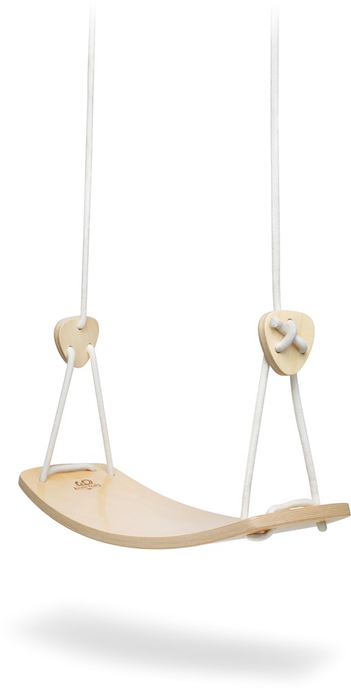 Kinderfeets Wooden Swing: minimalist wooden swing with white ropes, curved seat, and simple knots.