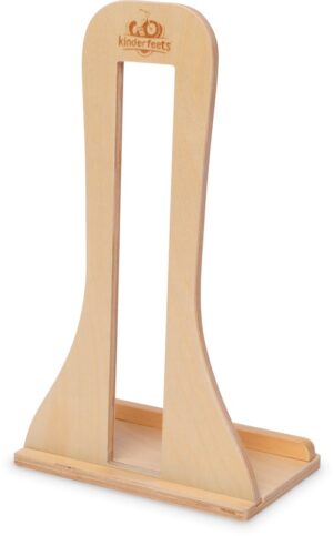 Kinderfeets Bicycle Stand: Lightweight wooden stand with open sides designed to hold a bicycle upright.